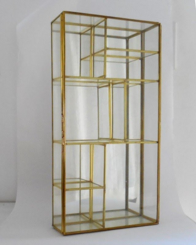 Vntg Glass Brass Mirror Curio Table Top Wall Cabinet Display Case Stand Shelves