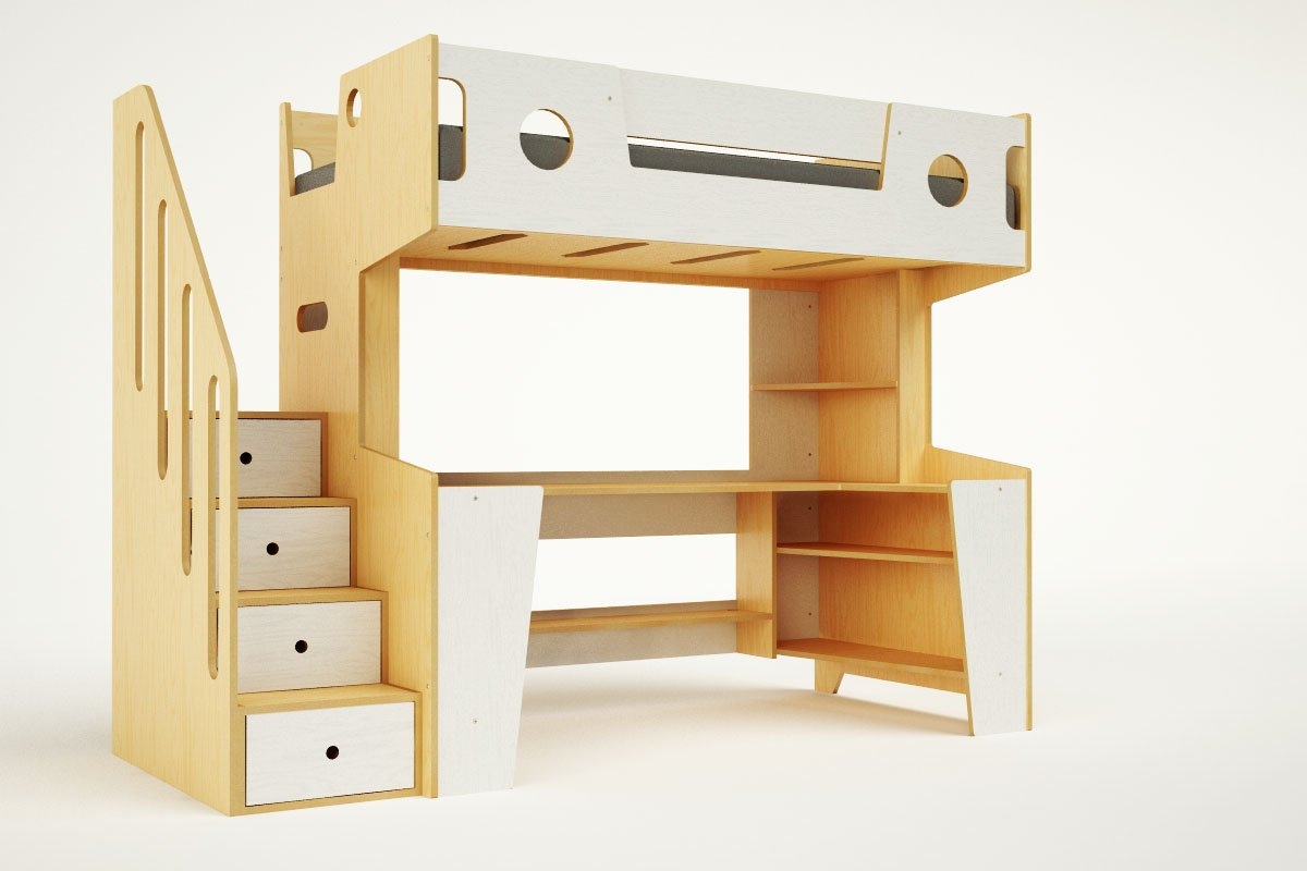White bunk bed with desk and stairs