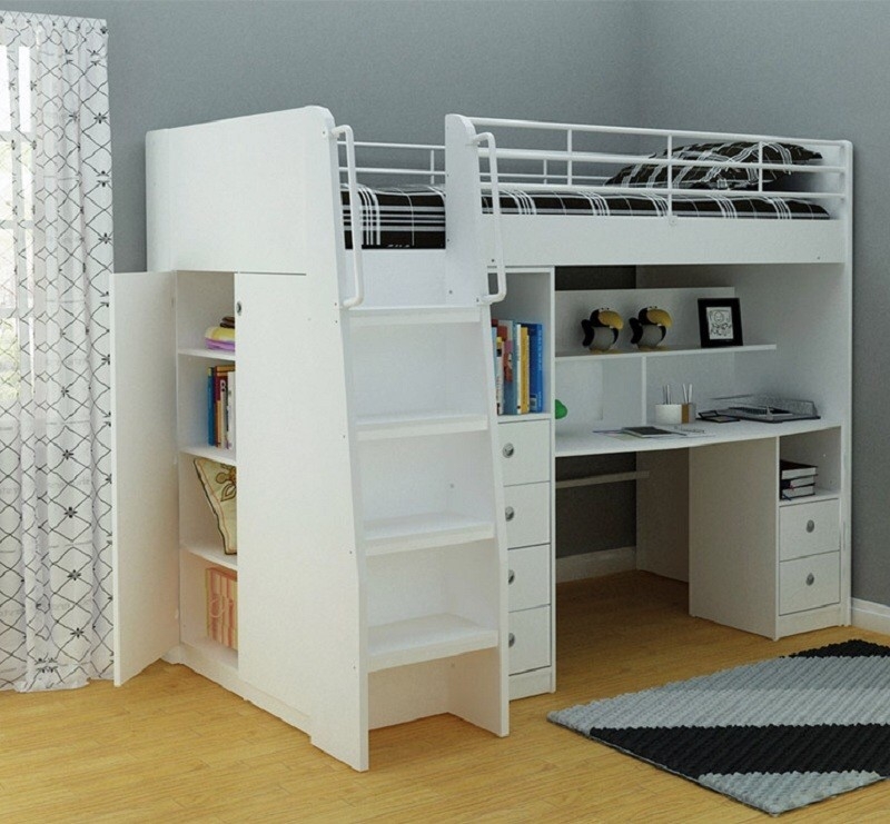 White loft bed with desk and stairs 3