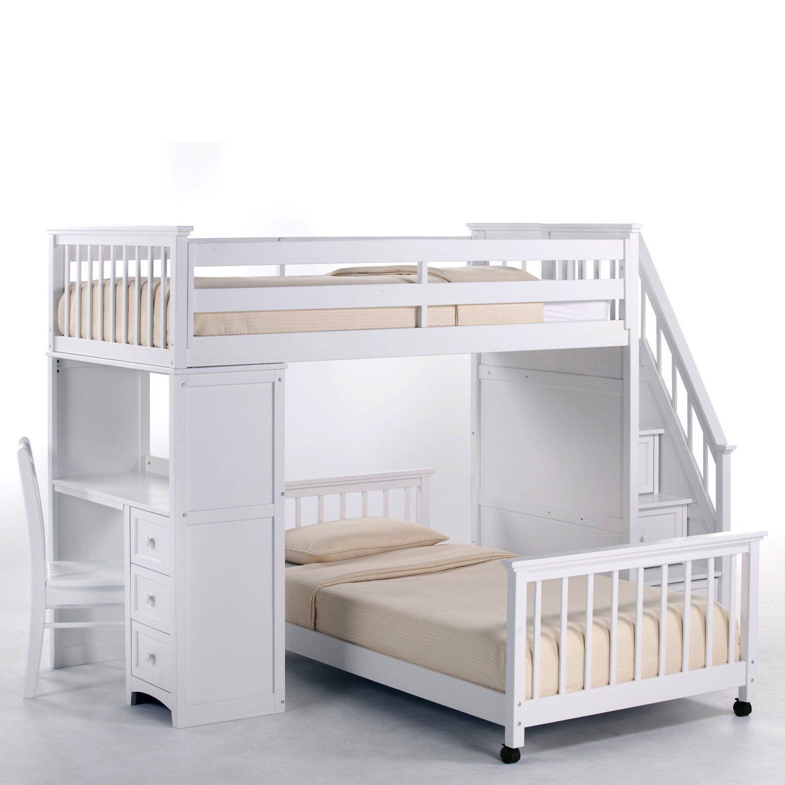 White loft bed with desk and stairs 7