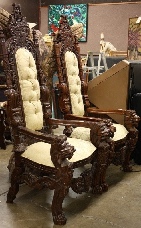 4211 ornately carved arm chairs lion head arms