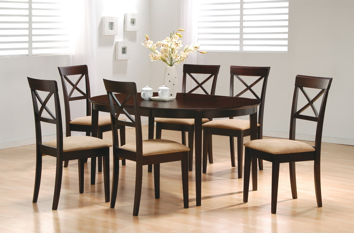 7pc Contemporary Style Cappuccino Finish Solid Wood Dining Table Chairs Set
