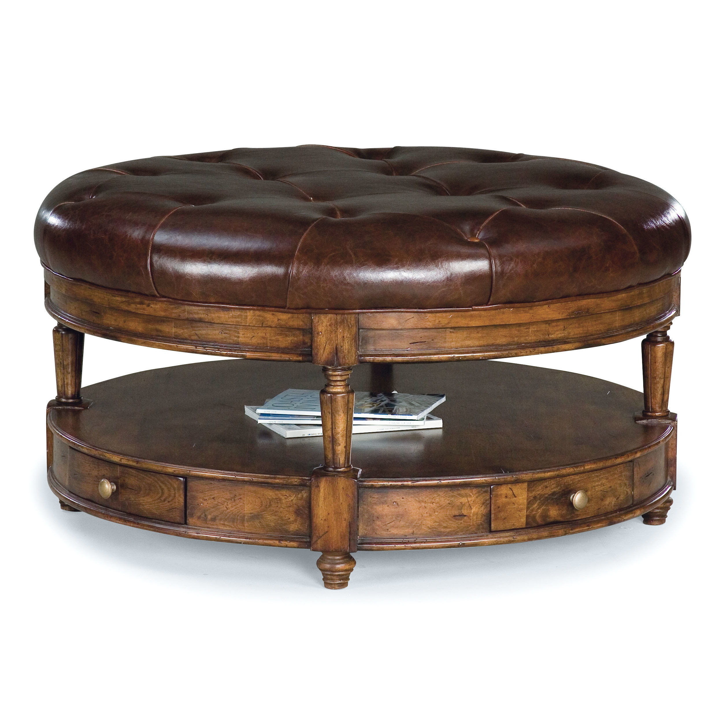 979 tufted round leather cocktail ottoman in heirloom by fairfiel