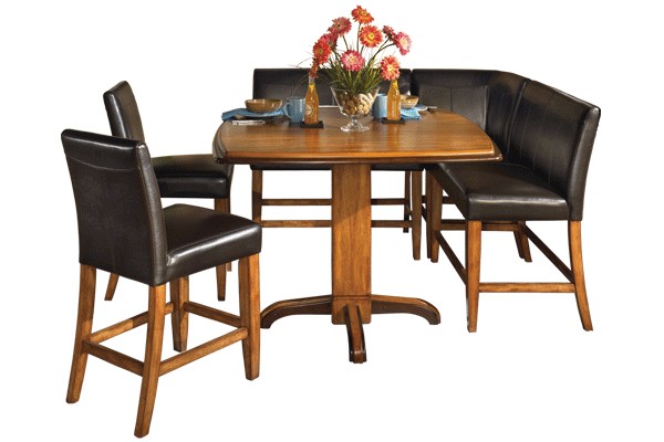 A corner dining set with chairs and bench seating is