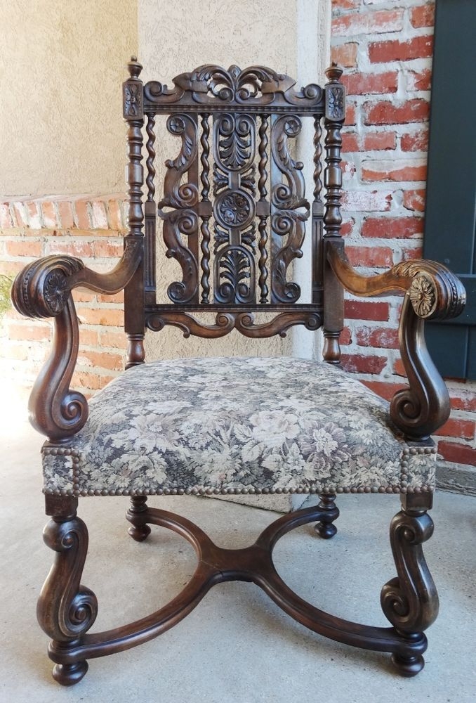 Antique french carved oak barley twist fireside throne arm chair