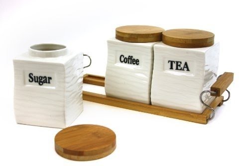 Attractive Set of Three (3) Square Canisters with Natural Bamboo Lid and Stand - Wave Design Coffee, Tea, Sugar, Ceramic Canisters Set