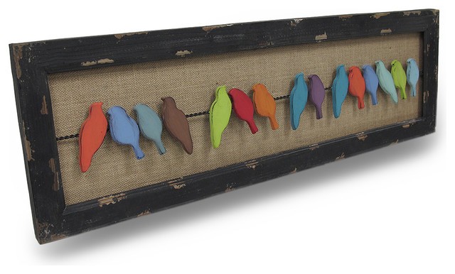 Colorful Distressed Finish Birds On A Wire Wood And Metal Wall Art