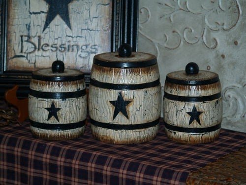Country Farm House Cowboy Primitive Star Canister Set Vintage Barrel Set