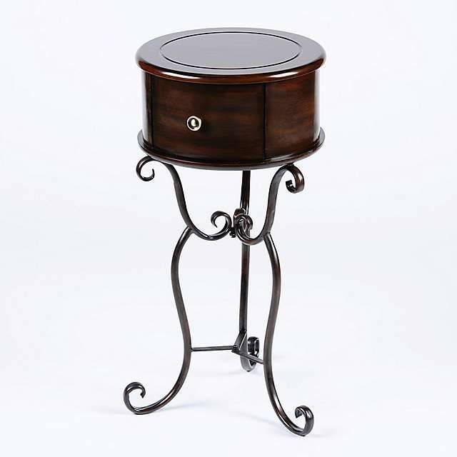 Decorative Espresso Wood With Elegant Metal Scroll Legs Accent Table With Drawer