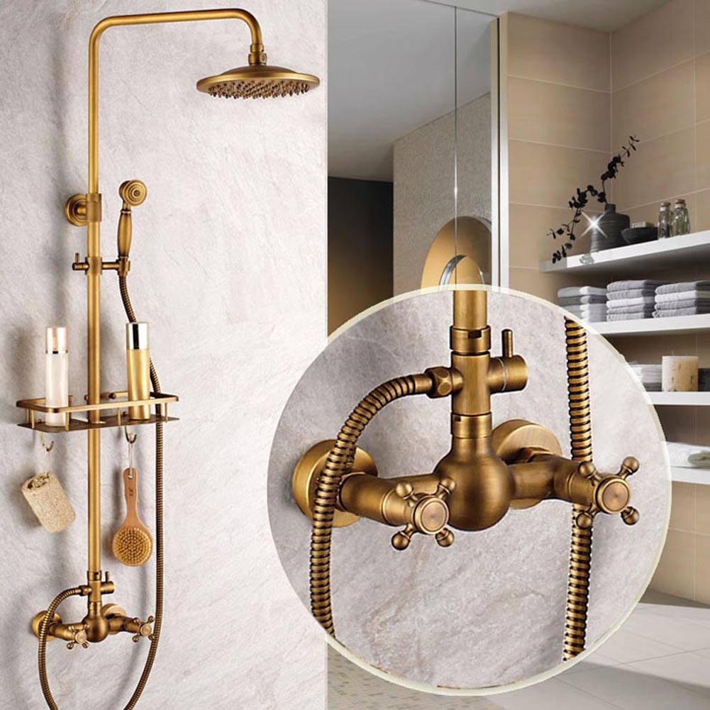 Modern Wall Mounted Antique Brass Shower Faucet Dual Handles Mixer W Bath Shelf