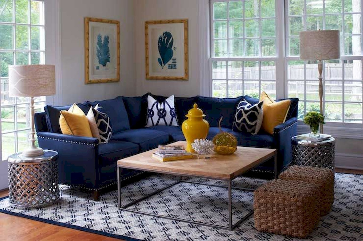 Navy blue couch with white piping
