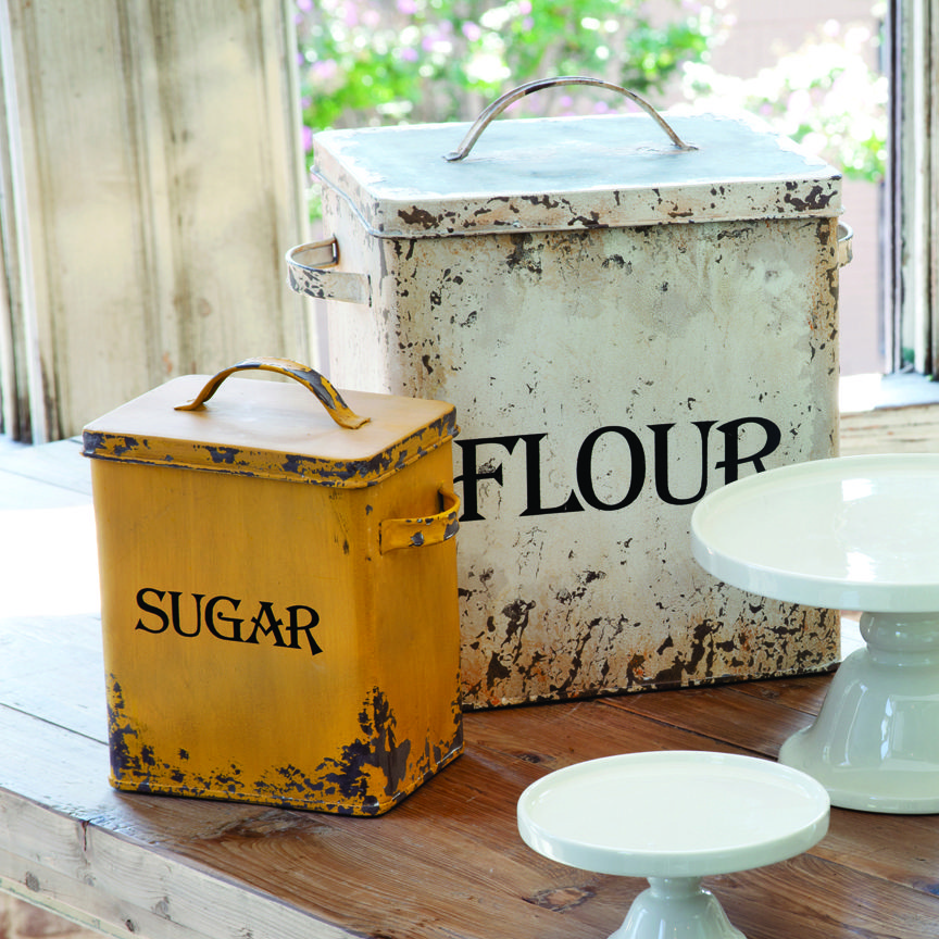 Set 2 Vintage Style Metal Flour Sugar Canister Farmhouse Country Kitchen Bins