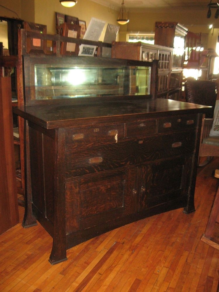 Antique Mission Oak Sideboard Buffet Arts Crafts Grand Rapids W Mirror 1900s