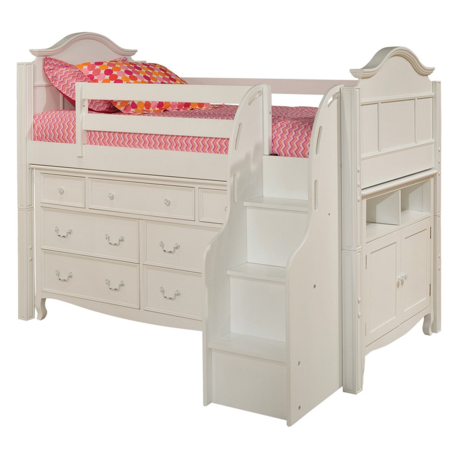 Bolton Furniture 9881500LS8320MSB Emma Low Loft Storage Bed with Stairs, 7 Drawer Dresser, Electronics Storage Cabinet, White