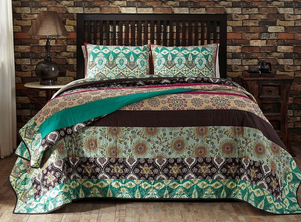 Capri 3pc Full Queen Quilt Set Teal Brown Moroccan Boho Exotic Print Bedding