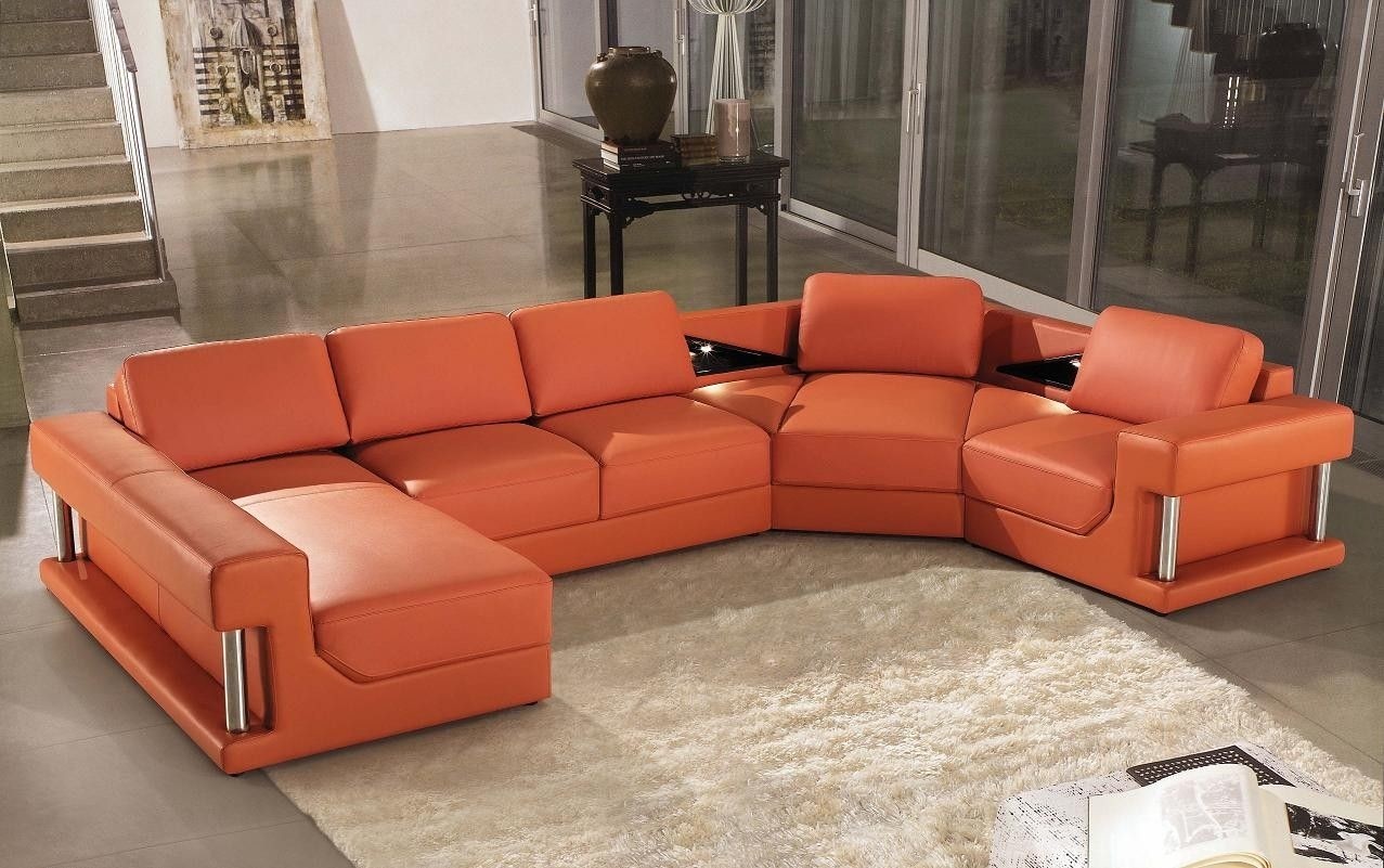 Leather sectional sofa with recliners and colour orange modern leather