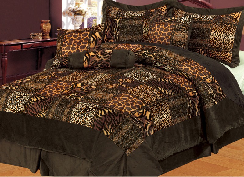 Safari Patchwork Brown 7pc Micro Suede Bedding Comforter Set King Size