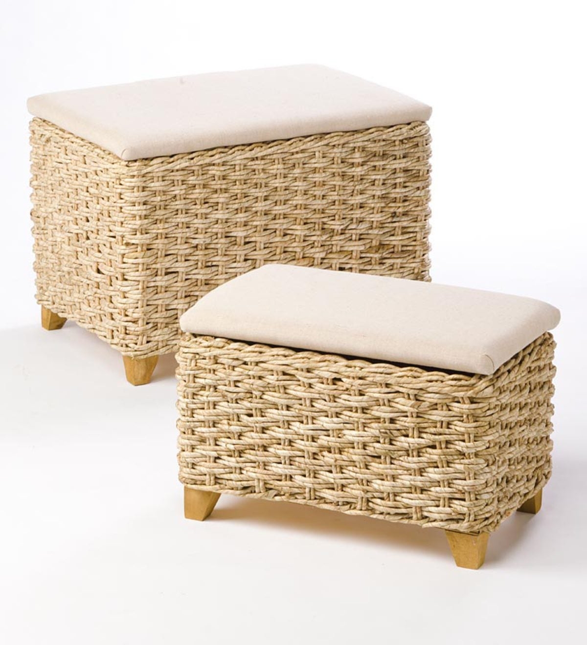 Set of 2 maize weave nesting storage ottomans with padded