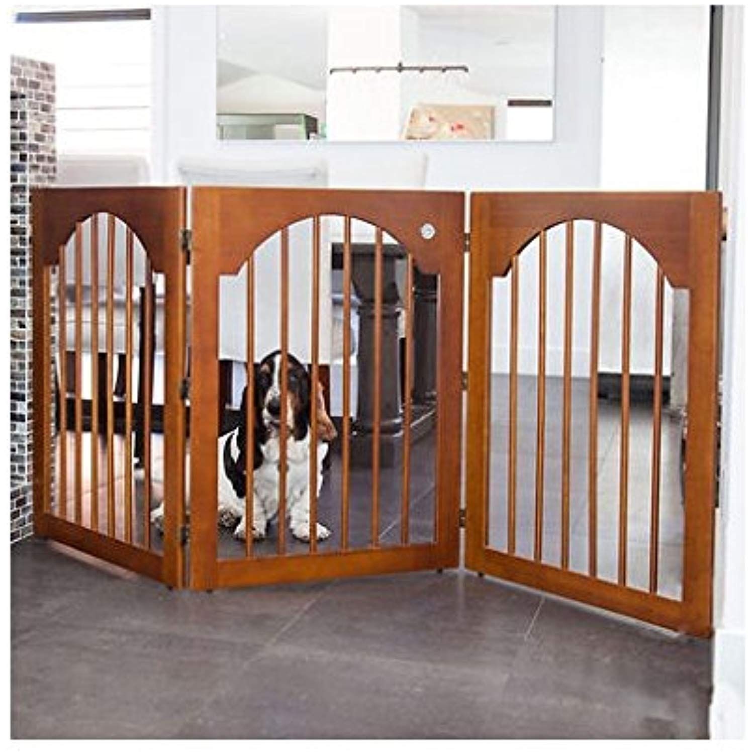 47 1/4 W x 19 Tall Etna 3-Panel Wood Pet Gate with Bone Cutout Design Stairs Freestanding Tri Fold Dog Fence for Doorways Indoor/Outdoor Pet Barrier 