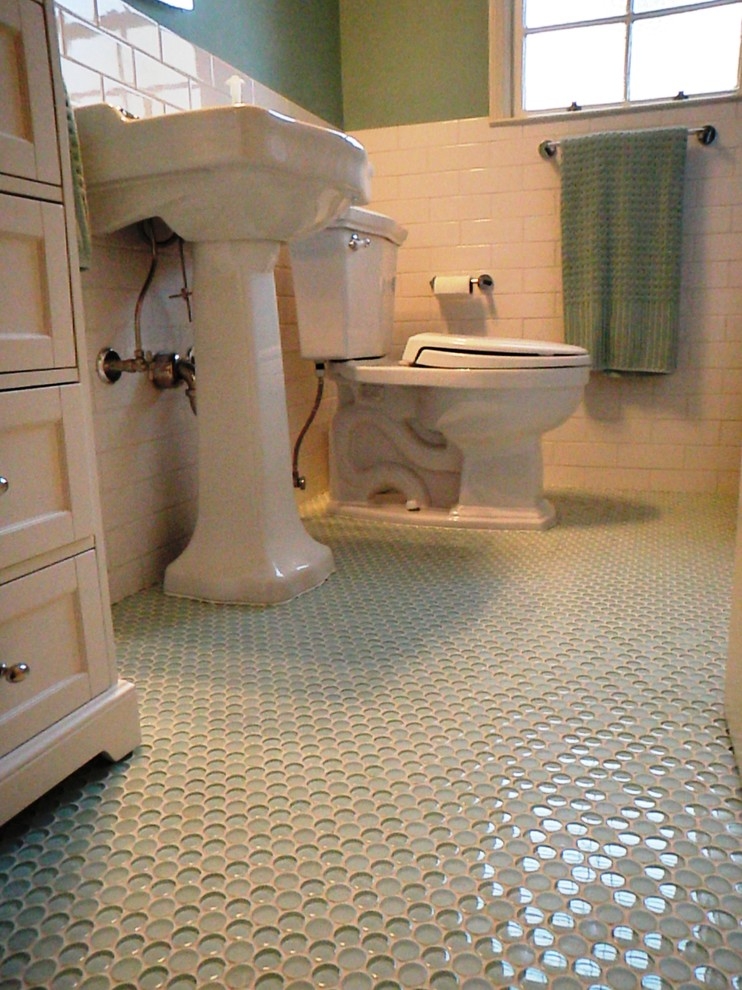 1940 3 Bath Room Up Date With Glass Penny Round Floor And White Subway Wall Tile Traditional Bathroom Other Metros