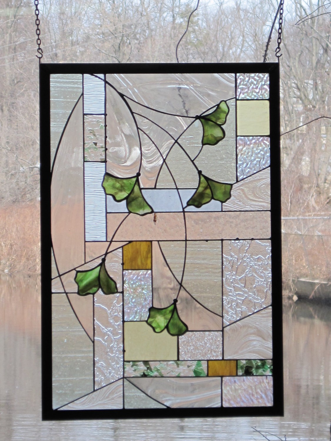 Arts and crafts style stained glass gingko leaf panel