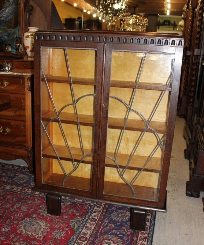 Beautiful Antique English Oak Art Deco Glass Door Bookcase With Leaded Glass