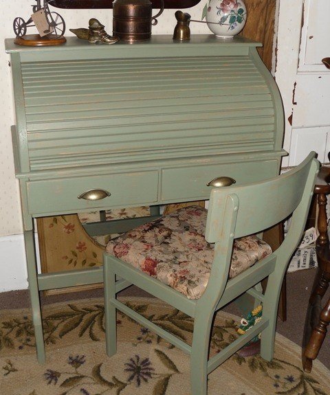 Cottage chic roll top desk and chair