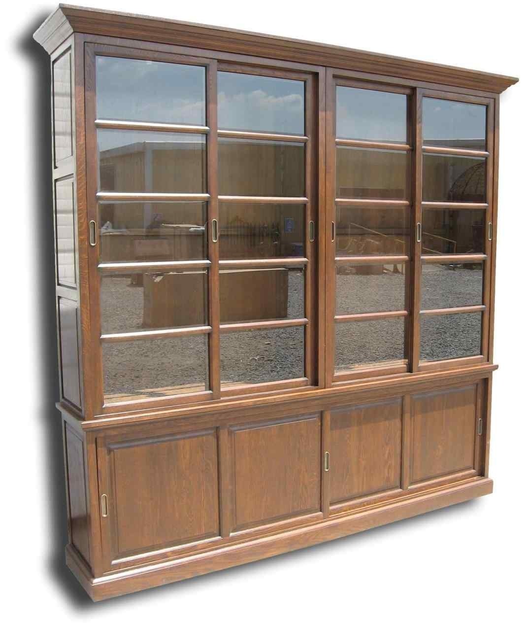 New Bookcase Solid Oak Wood Antique Finish Sliding Doors Glass Doors