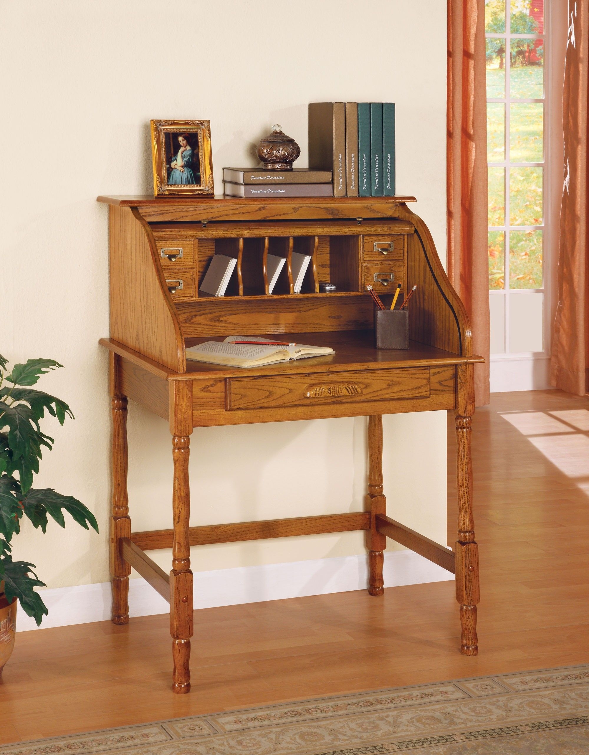 Oak finish wood small secretary roll top desk with single drawer