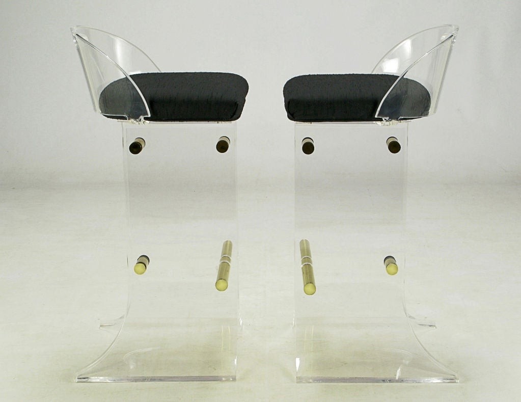 Pair lucite brass bar stools with textured black upholstery image