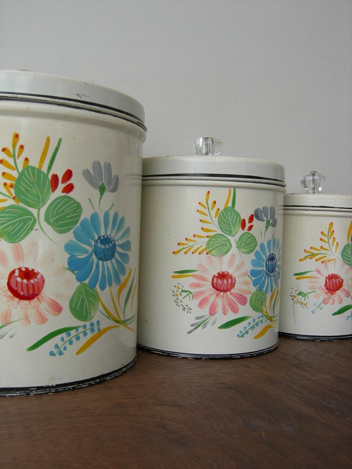 Ransberg tins vintage canisters with pink and turquoise flowers 3