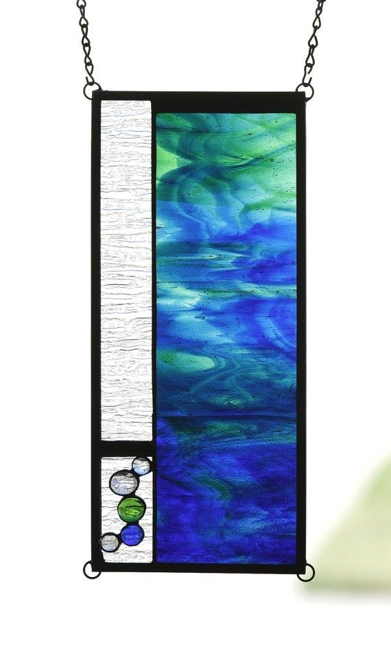 Seaside abstract ocean stained glass window panel small transom or
