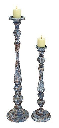 Set of Two Pillar Wood Candle Holders Tall Slender Gray Brown Décor 28511