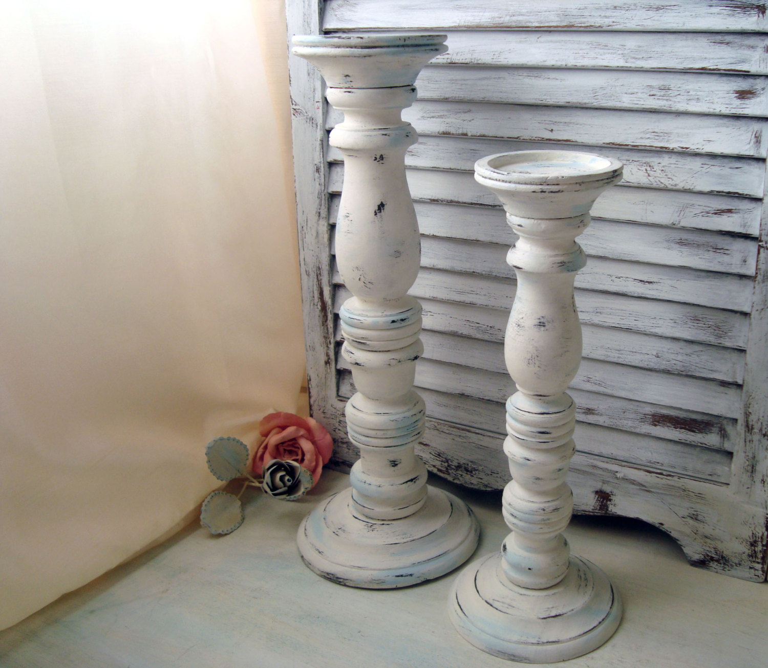 White distressed tall candle holders