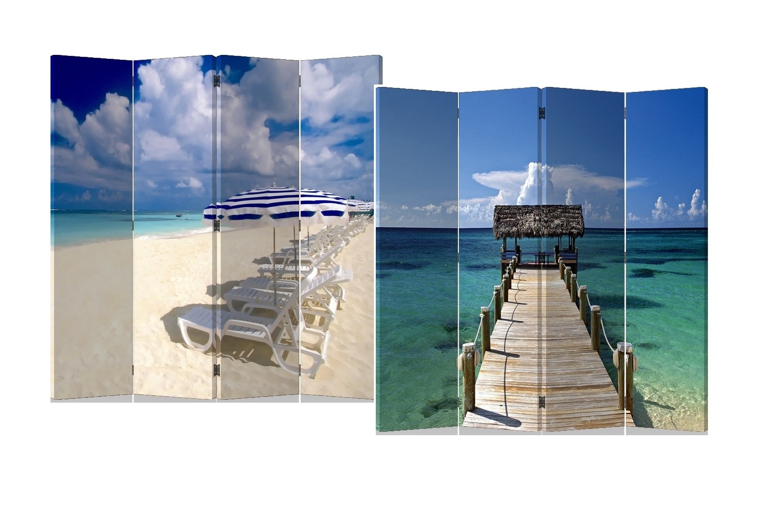 4-Panel Double Sided Painted Canvas Room Divider Screen, Caribbean Sea and Beach