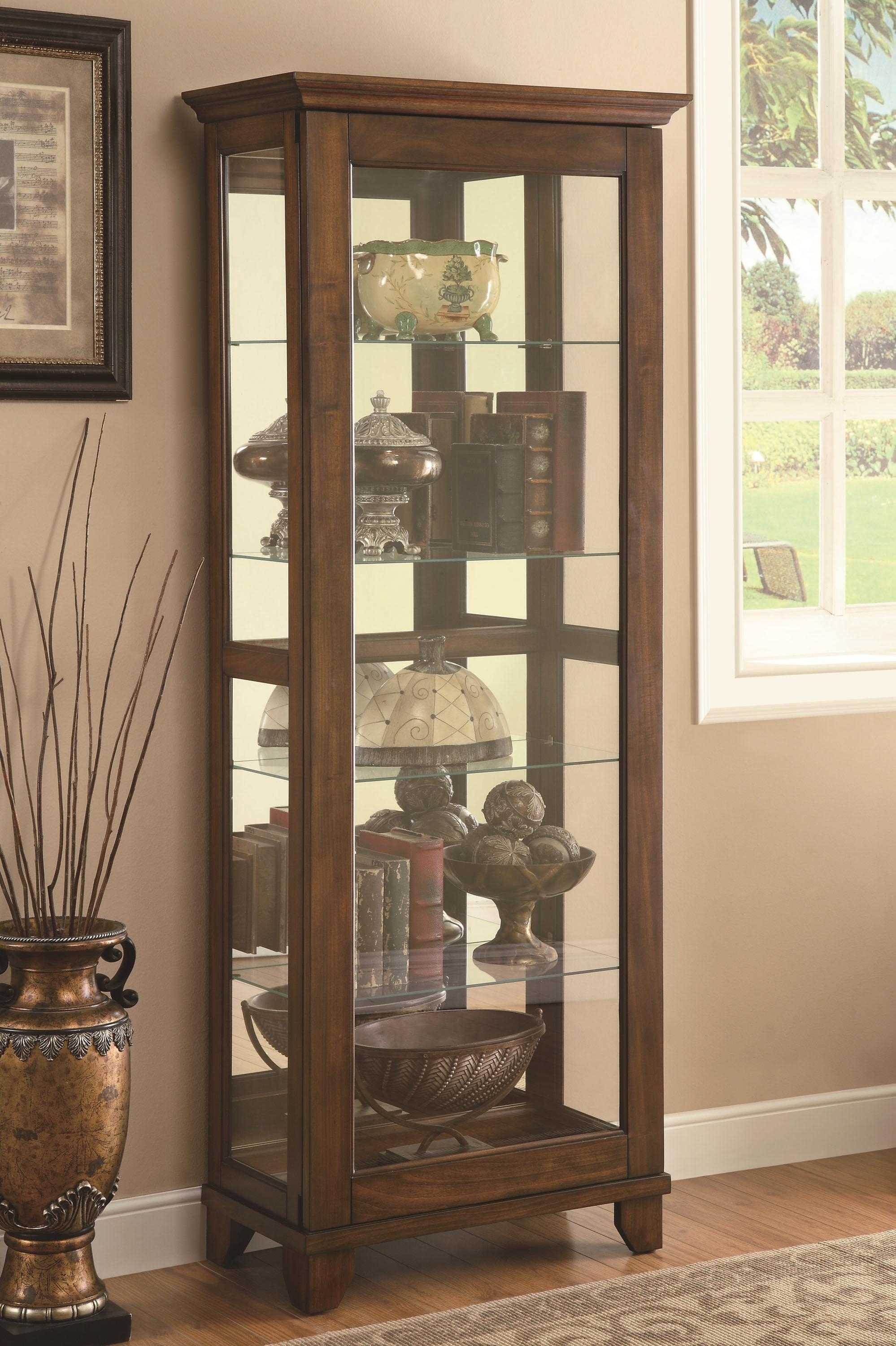 5 shelf curio cabinet with warm brown finish mirrored back
