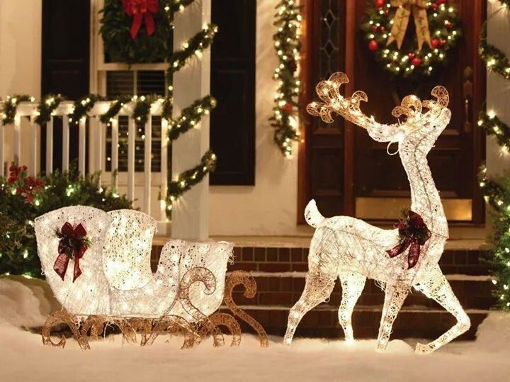 84in.w 5ft.h Glitter Tinsel Fabric Cotton String White Gold Lighted Rudolph Reindeer Buck Deer with Santa Claus Sled Sleigh Pre Lit Christmas Outdoor Decor Clear Lights Yard Decoration
