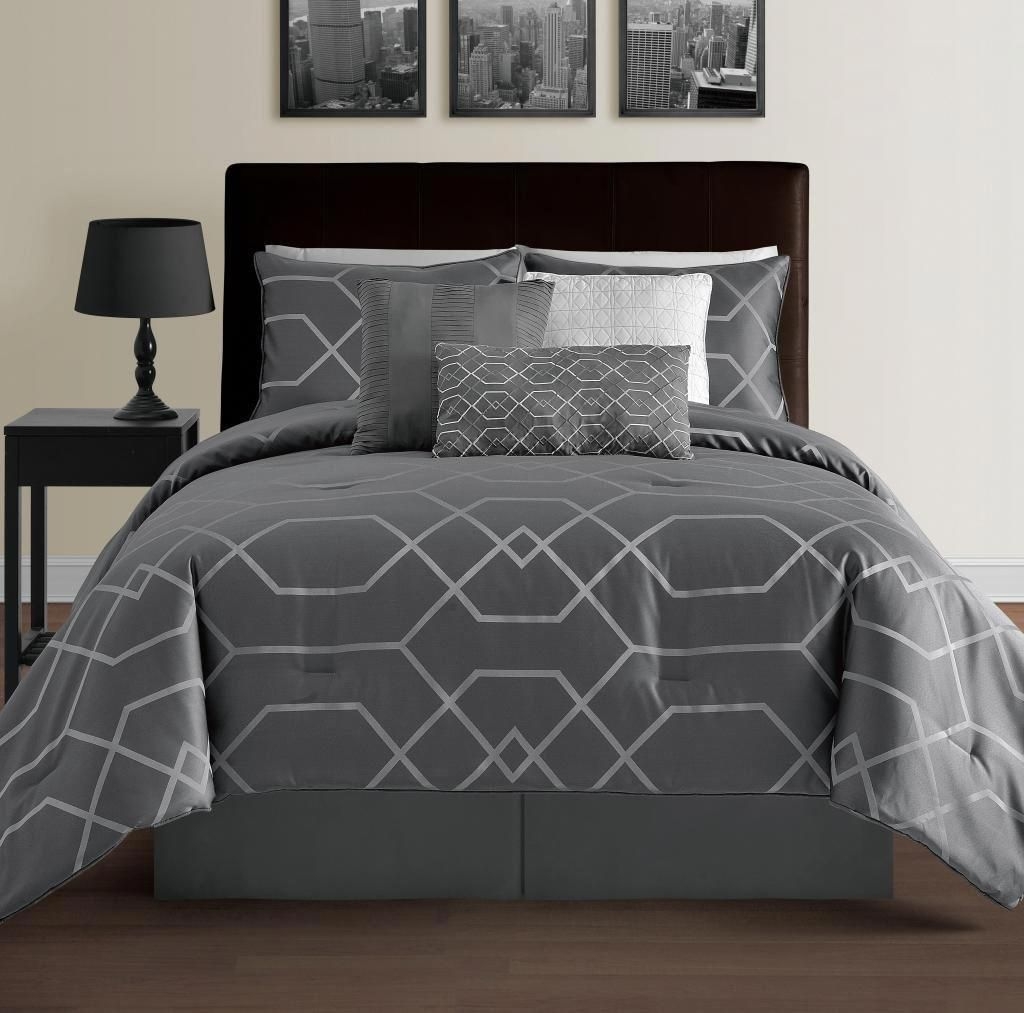 Hampton 7-Piece Modern Geometric Comforter Set, California King, Grey