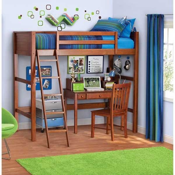 Twin Wood Loft Style Bunk Bed Walnut Color. Bedroom Furniture for Kids and Teens. The Loft Bed Includes a Solid Panel Headboard and Footboard, and Ladder. Pine Slats Provide Support for the Mattress. Room for Desk Underneath (Not Included)