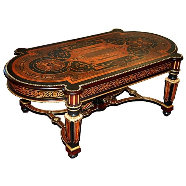 6705 antique renaissance revival inlaid coffee table with bronze trim