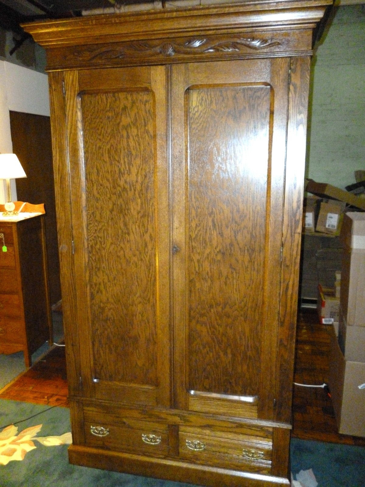 Antique Oak Wardrobe Armoire W Drawers Shelves Refinished Knockdown Made Usa