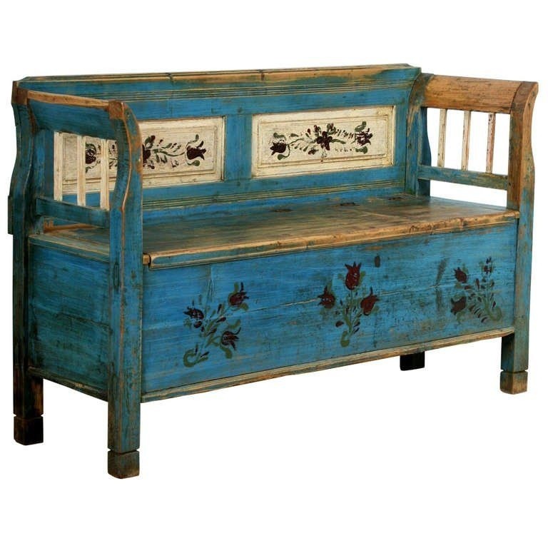 Antique original painted small romanian bench with storage from a