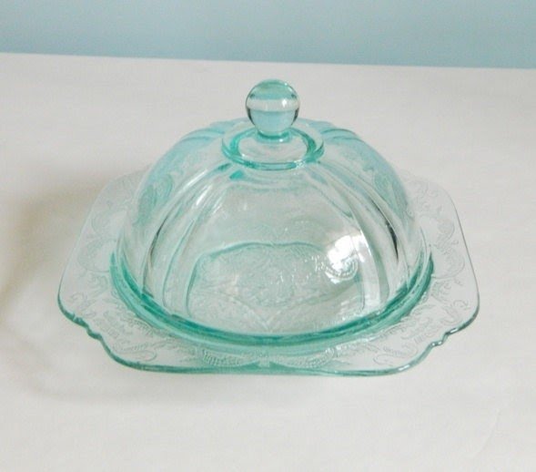 Depression glass teal madrid covered