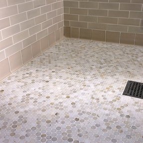 tile penny round glass floor shower bathroom mosaic marble tiles rounds subway floors pebble kitchen showers calacatta niche stone gray