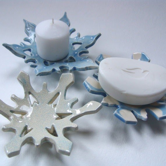 Icey snowflake pottery candle holder soap dish jewelry dish set