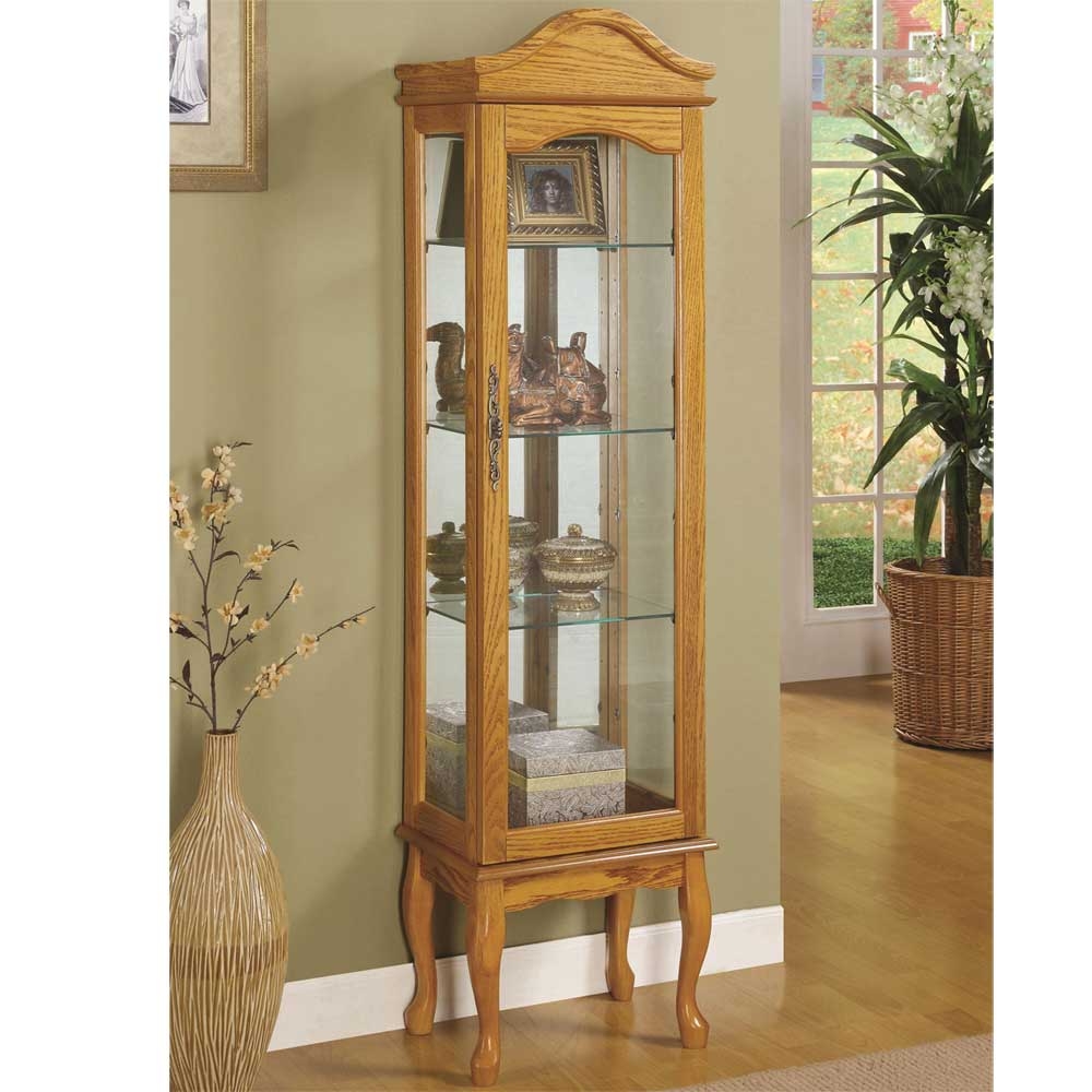 Oak glass curio cabinets with curved base