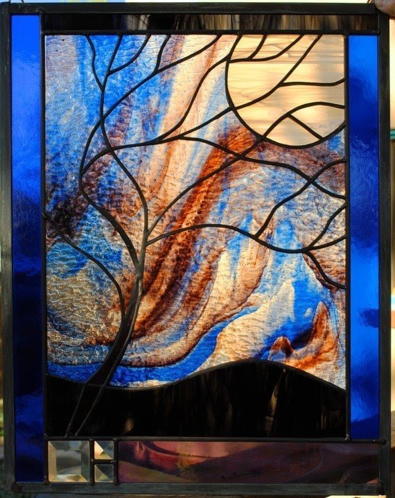 Stained glass window panel moonlit tree