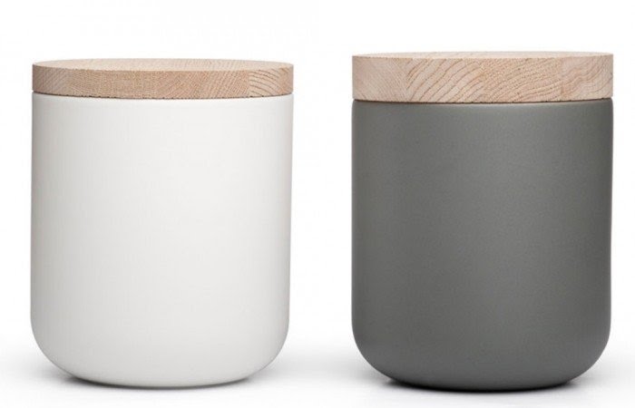 White canisters with wooden lids