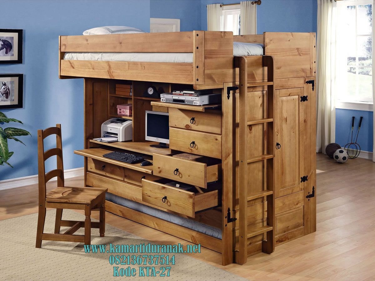 Wooden bunk beds with desk