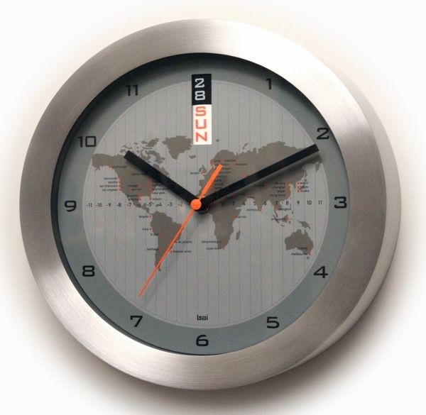 11 Inch Brushed Aluminum Gmt Day Date Wall Clock With World Map Modern Clocks